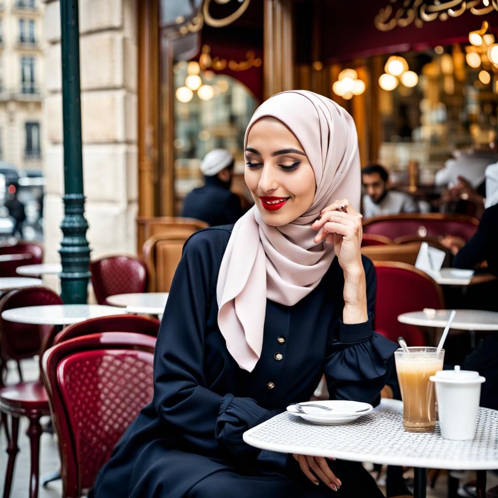 Hijabi Woman Enjoying Parisian Cafe Scene