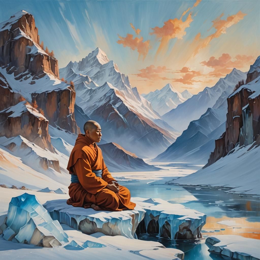 Monk Meditating on Ice Pedestal Oil Painting