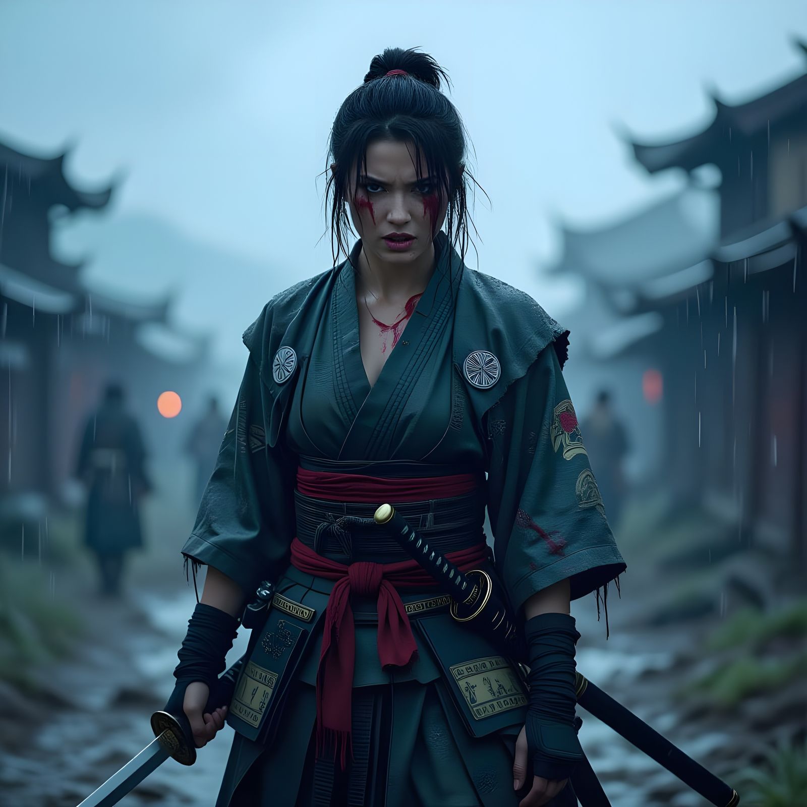 Furious Samurai Woman on Battlefield in Rain