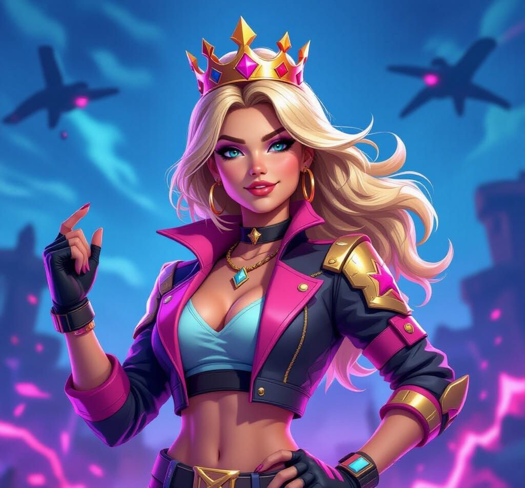 Blonde Gaming Character with Crown in Fortnite Style