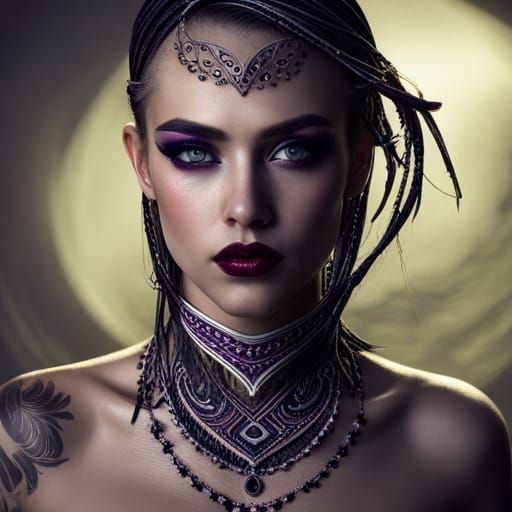 Hyperrealistic Portrait of a Woman with Braids and Tattoos