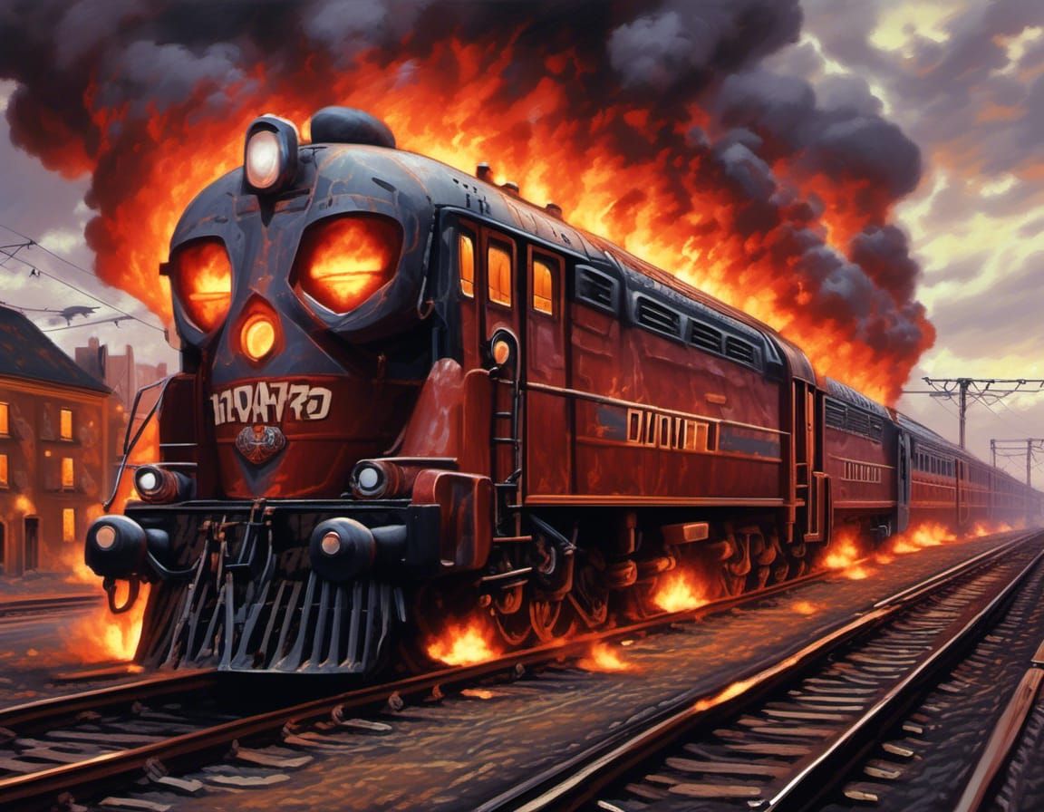 Burning Skull Train in Hyper-Detailed Rendering Style