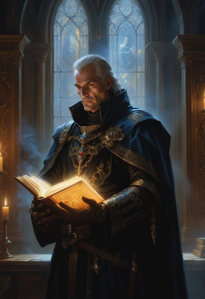 Renaissance Inquisitor Studies Magical Tome in Golden Light