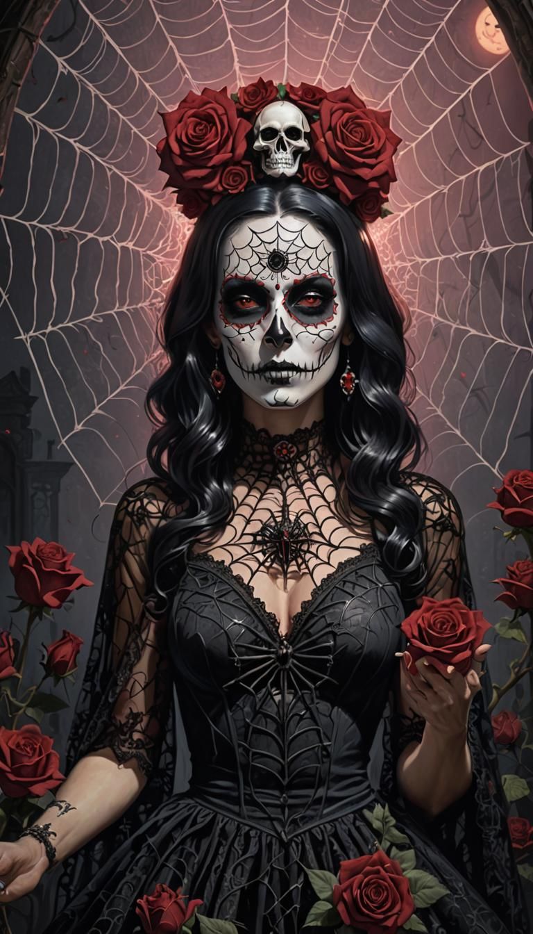 Santa Muerte Pinup in Spiderweb Lace, Digital Art