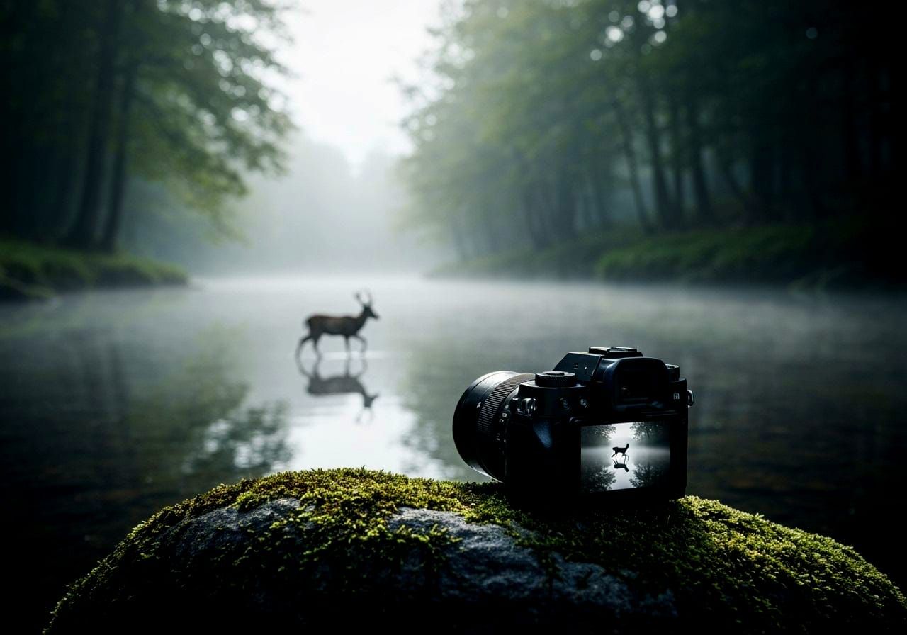 Camera Captures Deer Reflection in Misty Forest Stream