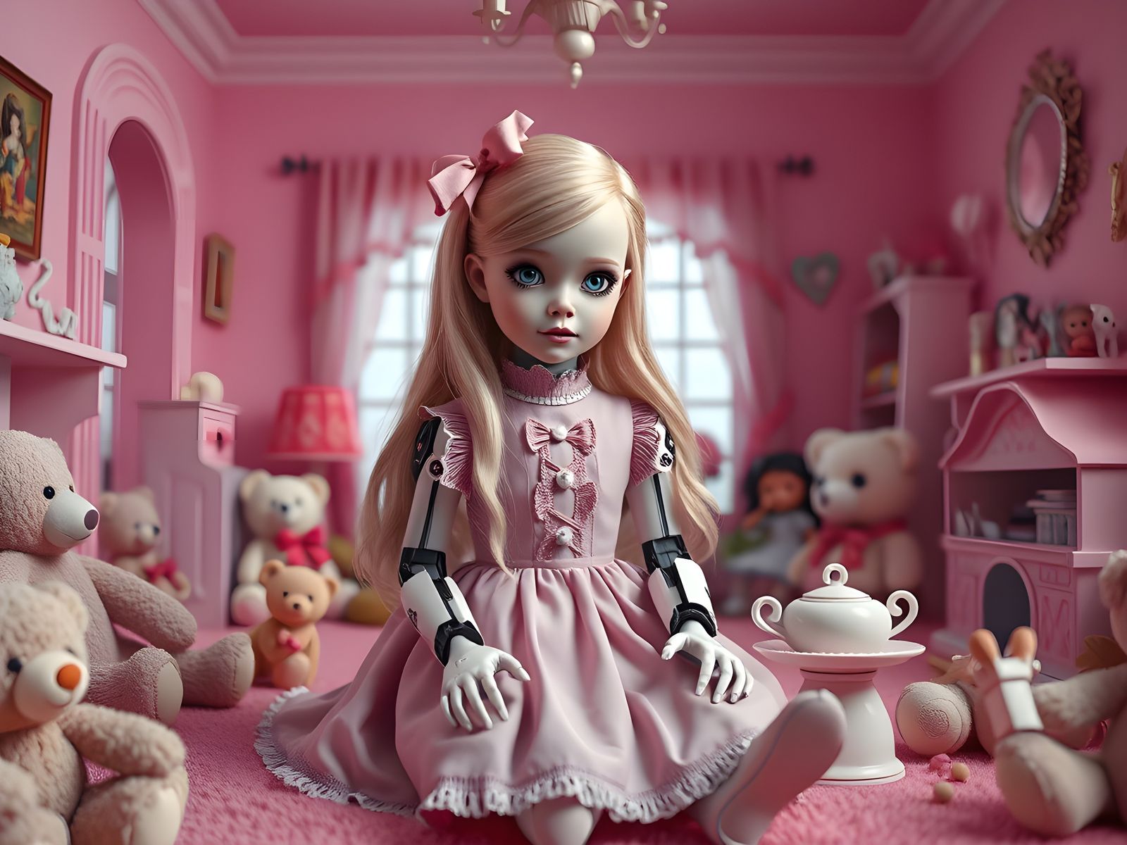 Robot Girl in Pink Playroom: Dark Fantasy Concept