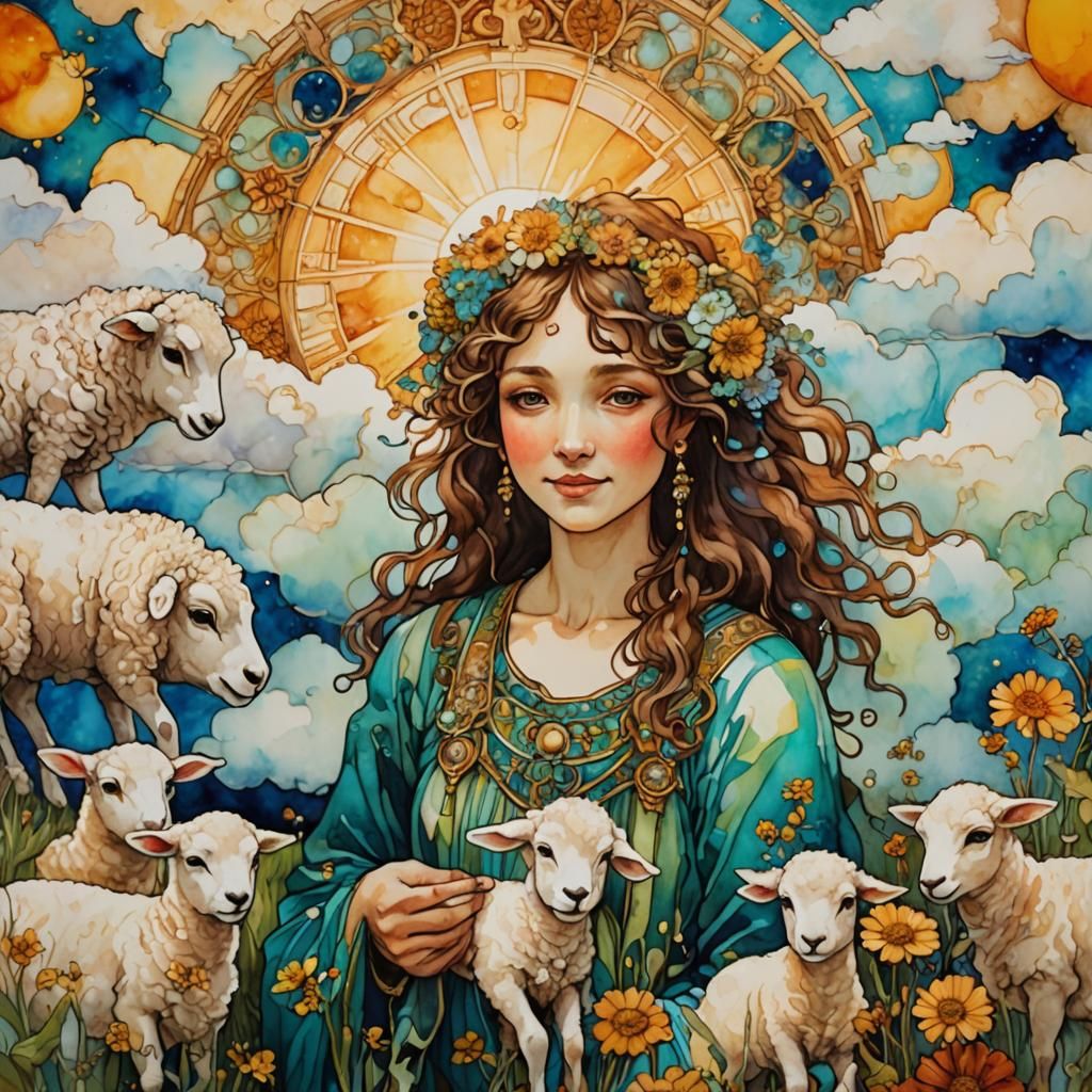 Smiling People with Lambs in Mucha Style