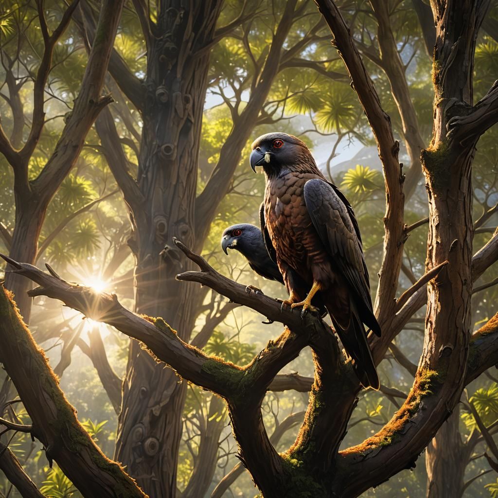 Kaka Bird Feeding Young: Matte Painting