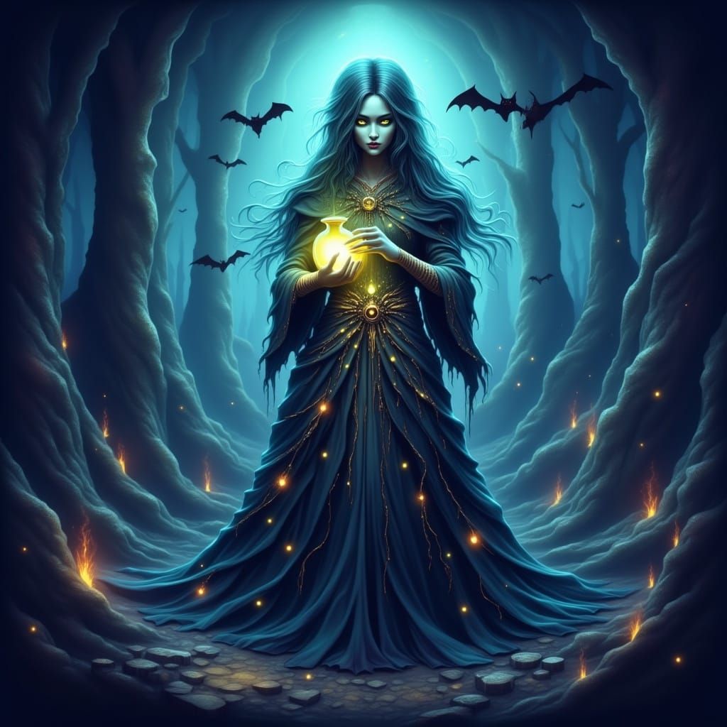 Eerie Cave Witch in Pixel Art Style