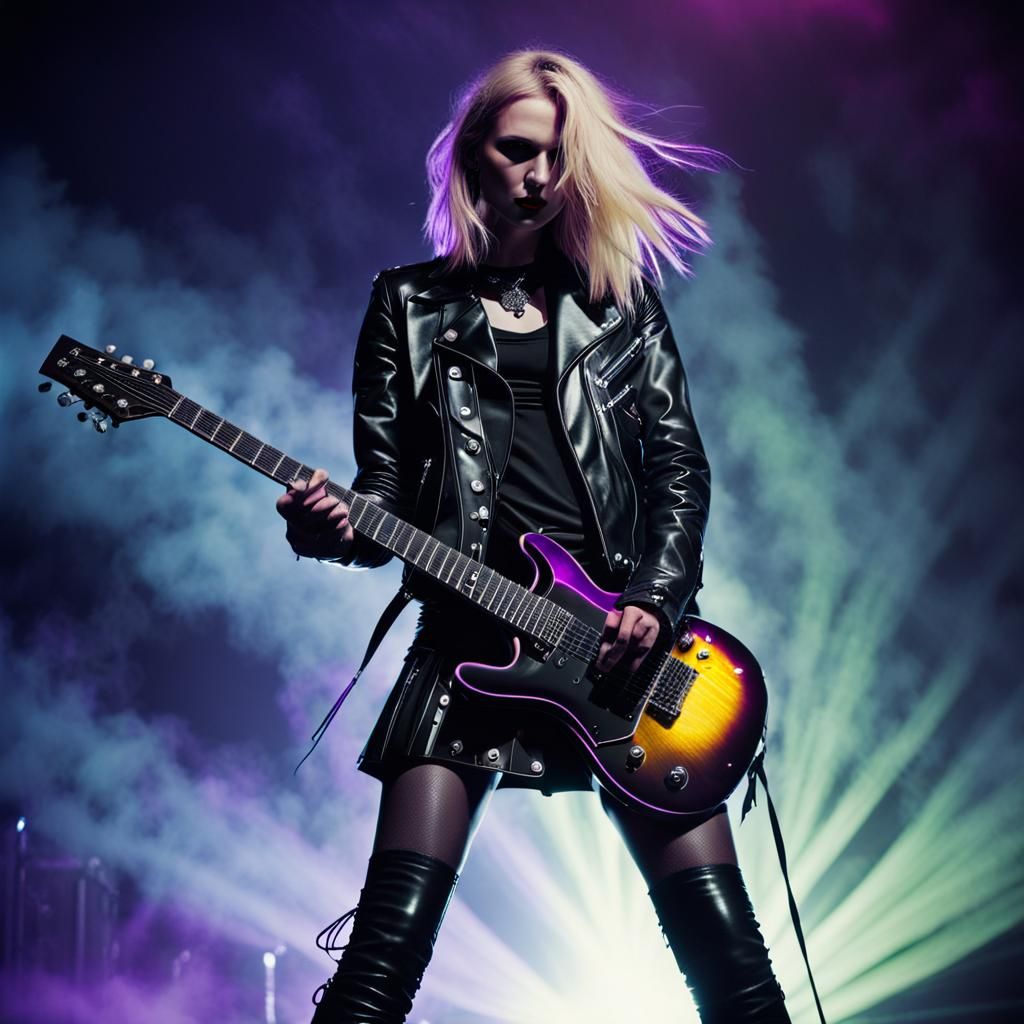 Gothic Rock Portrait: Blonde Guitarist in Neon Light