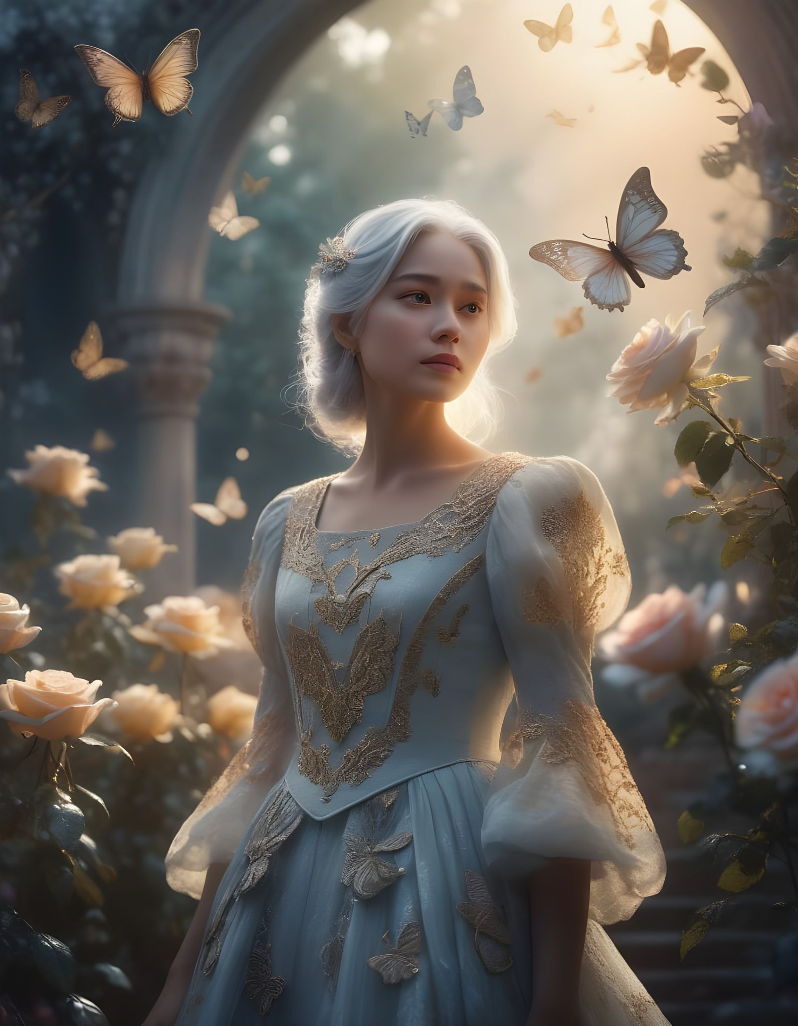 Angelic Woman in Rose Garden, Ethereal Portrait