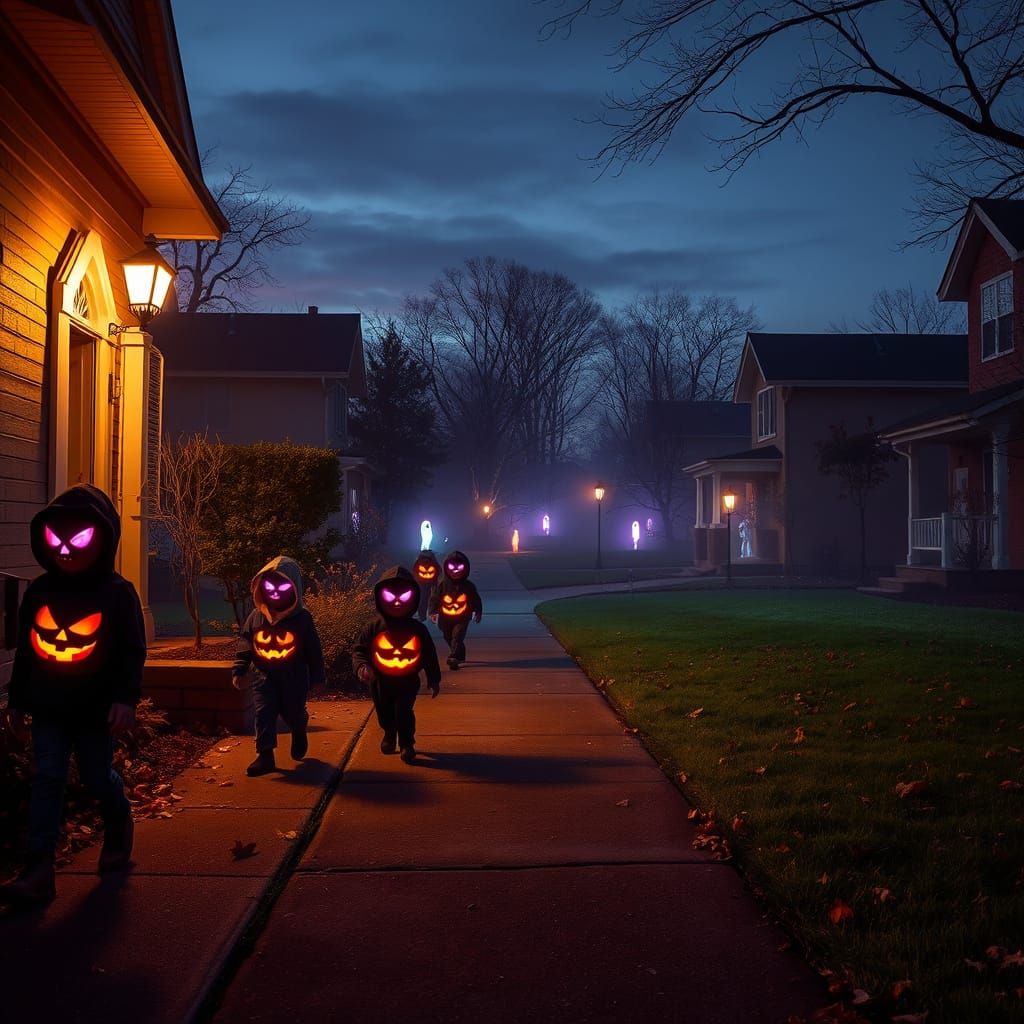 Eerie Halloween Night on a Suburban Street