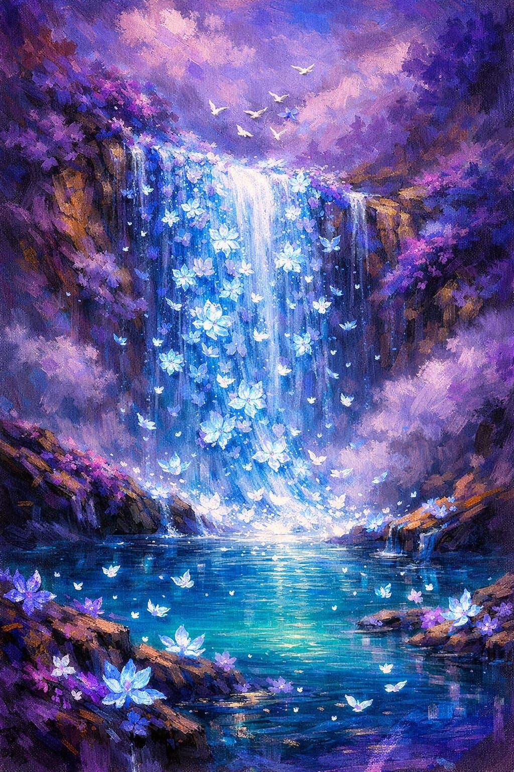 Glowing Flower Waterfall into Turquoise Lake