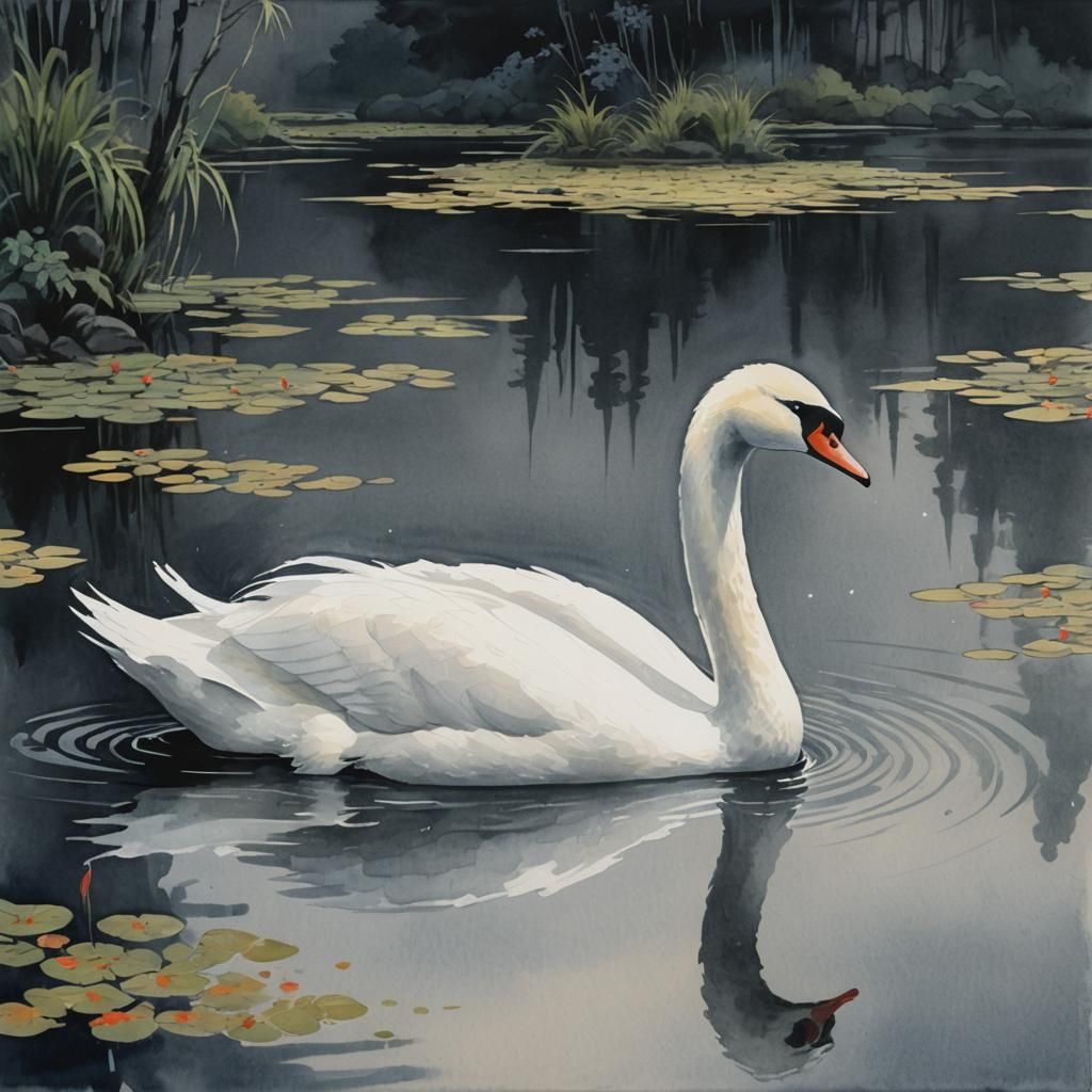 Swan on Lake in Ukiyo-e Gouache Watercolor