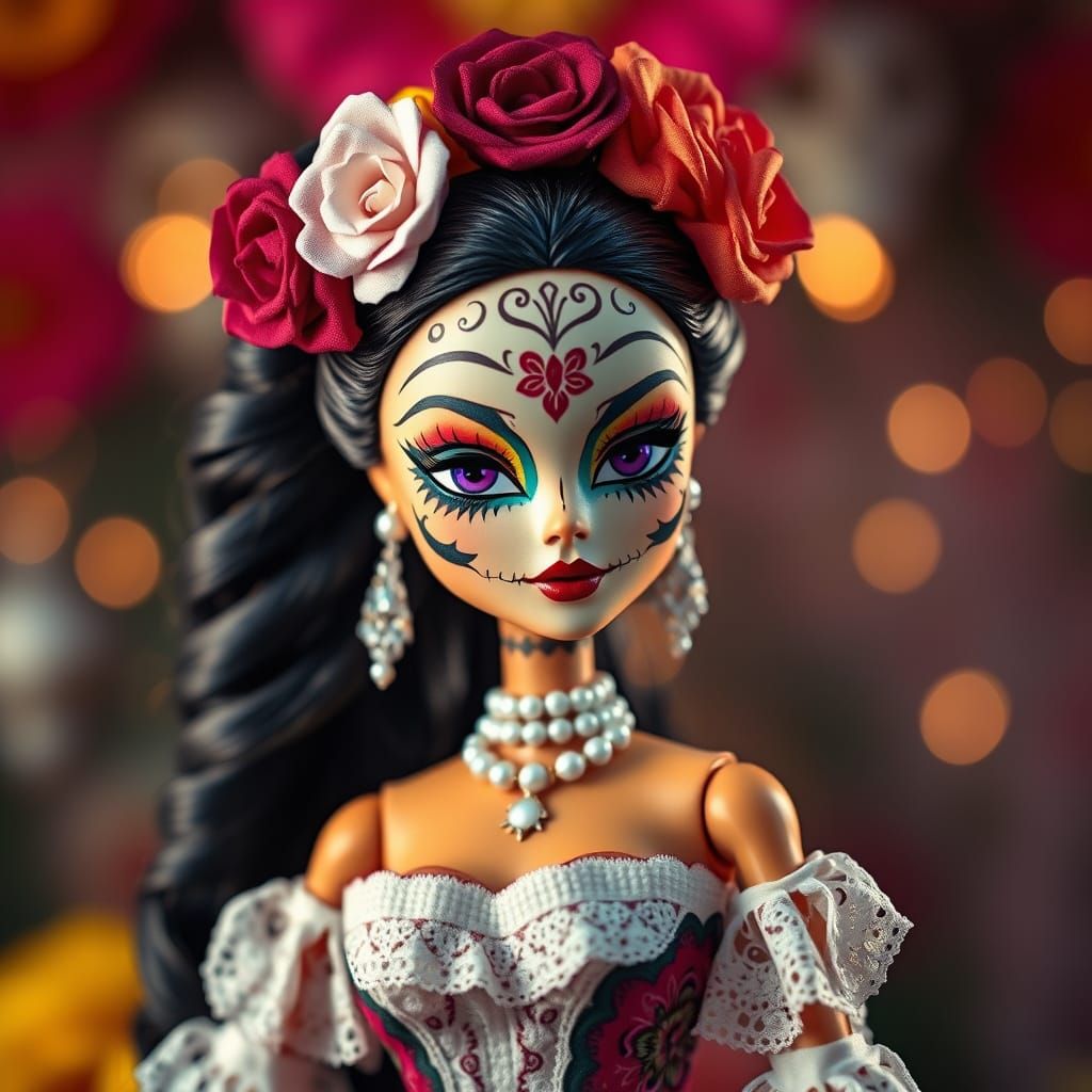 Bratz-Style Doll as Catrina in Dia de Muertos Celebration