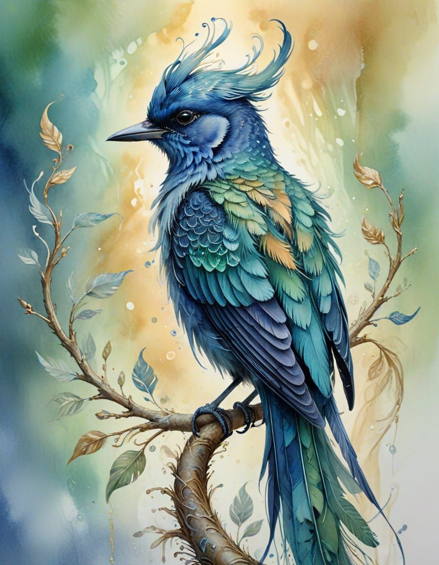 Blue Fantasy Bird Watercolor Painting Close-up