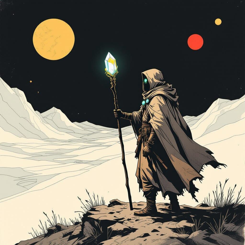 Windswept Wanderer in Graphite and Geometric Style