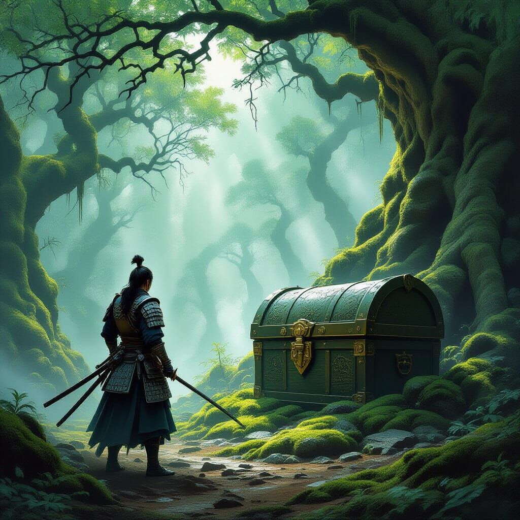 Samurai and Treasure Chest in Misty Forest