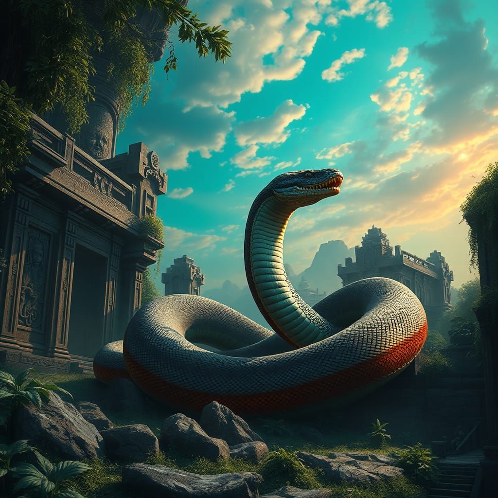 Burmese Python Coiled in Mystical Ruins
