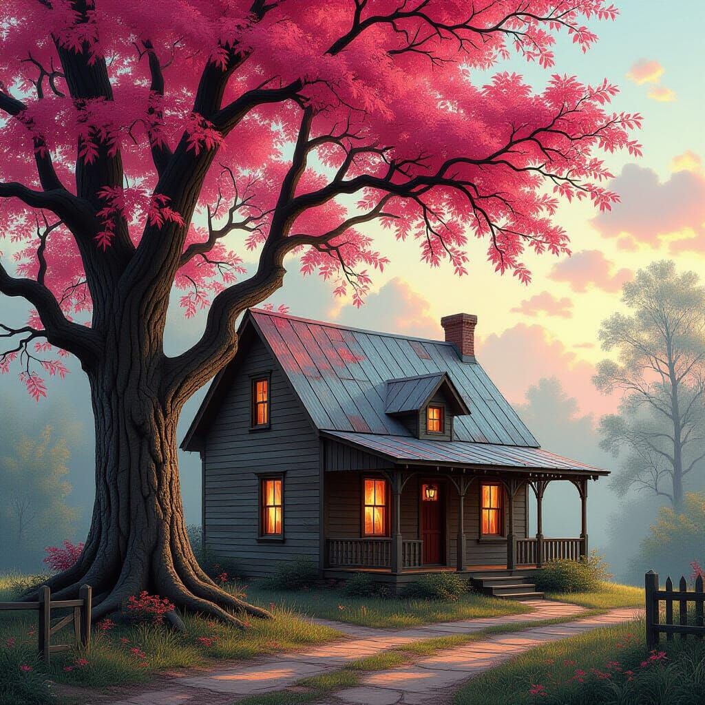 Rustic L-Shaped House with Red-Pink Canopy Tree