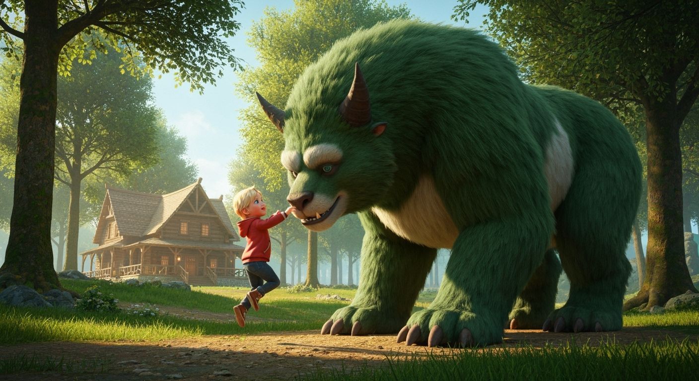 Blond Child and Gentle Green Beast in Sunny Forest