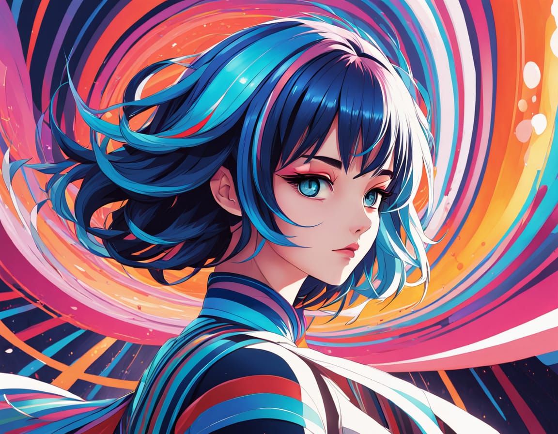 Vibrant Anime Woman in Swirling Striped Patterns