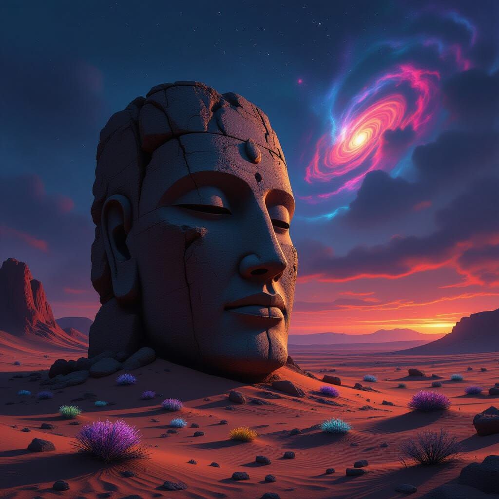 Ancient Alien Head Gazes at Nebula in Dark Fantasy Desert