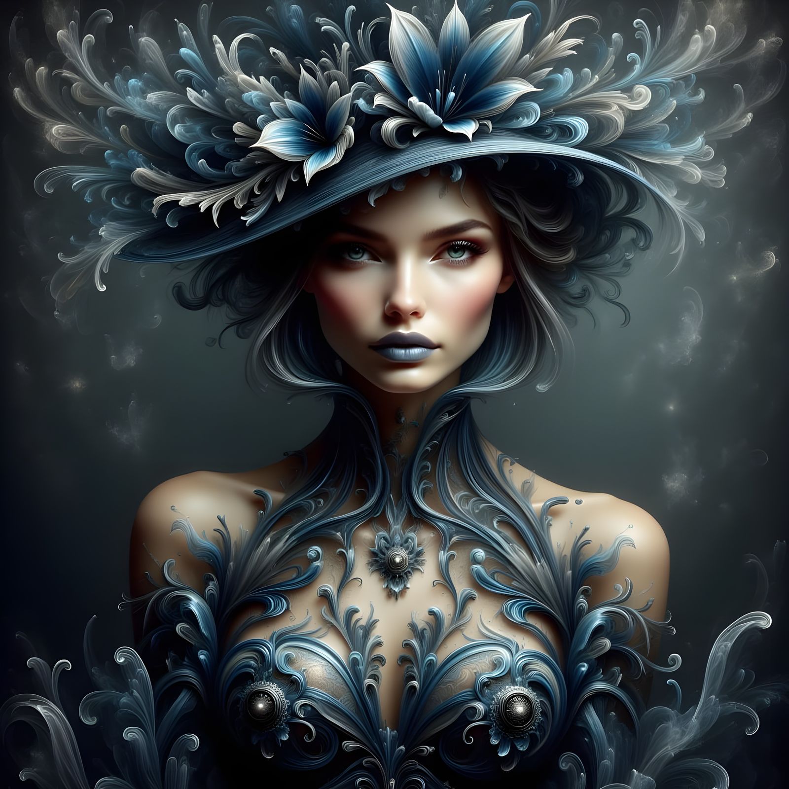 Gothic Woman with Blue Lips in Mixed Media Style