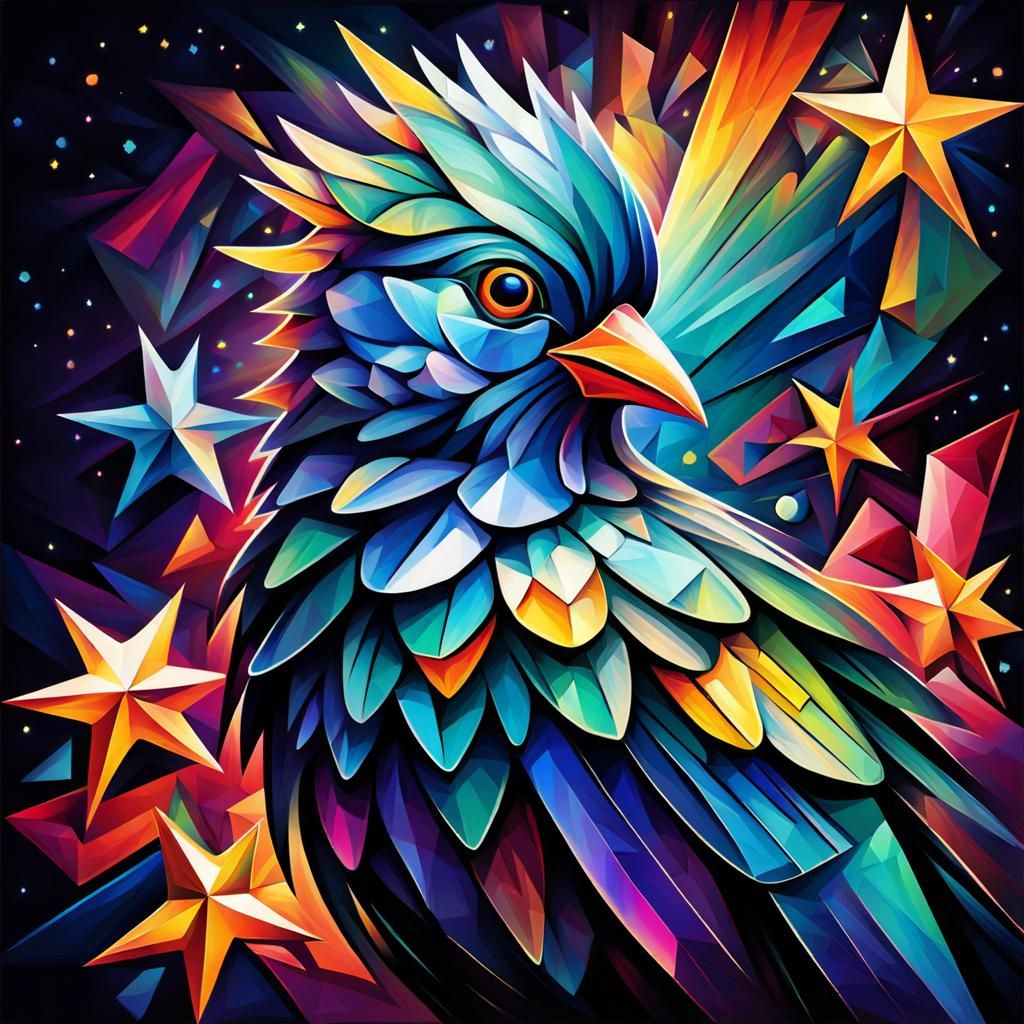 Abstract cubism Beautiful luminous iridescent shining bird, ...