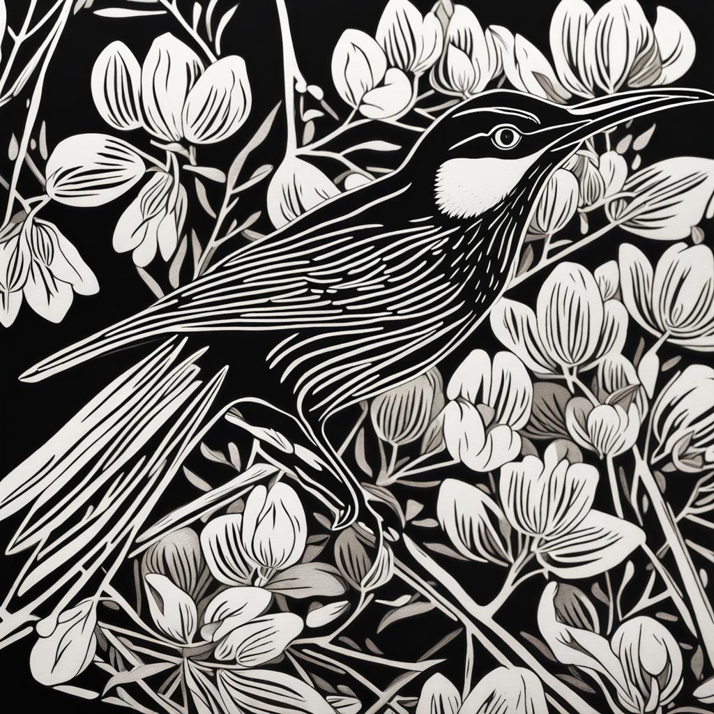 Honeyeater Birds: Linocut Style Relief Print