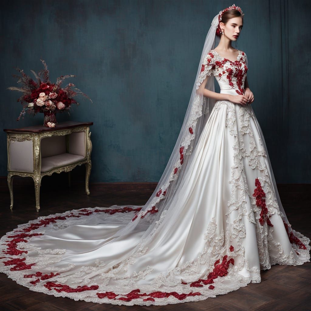 Ethereal Crimson Satin Wedding Dress and Veil in 3D