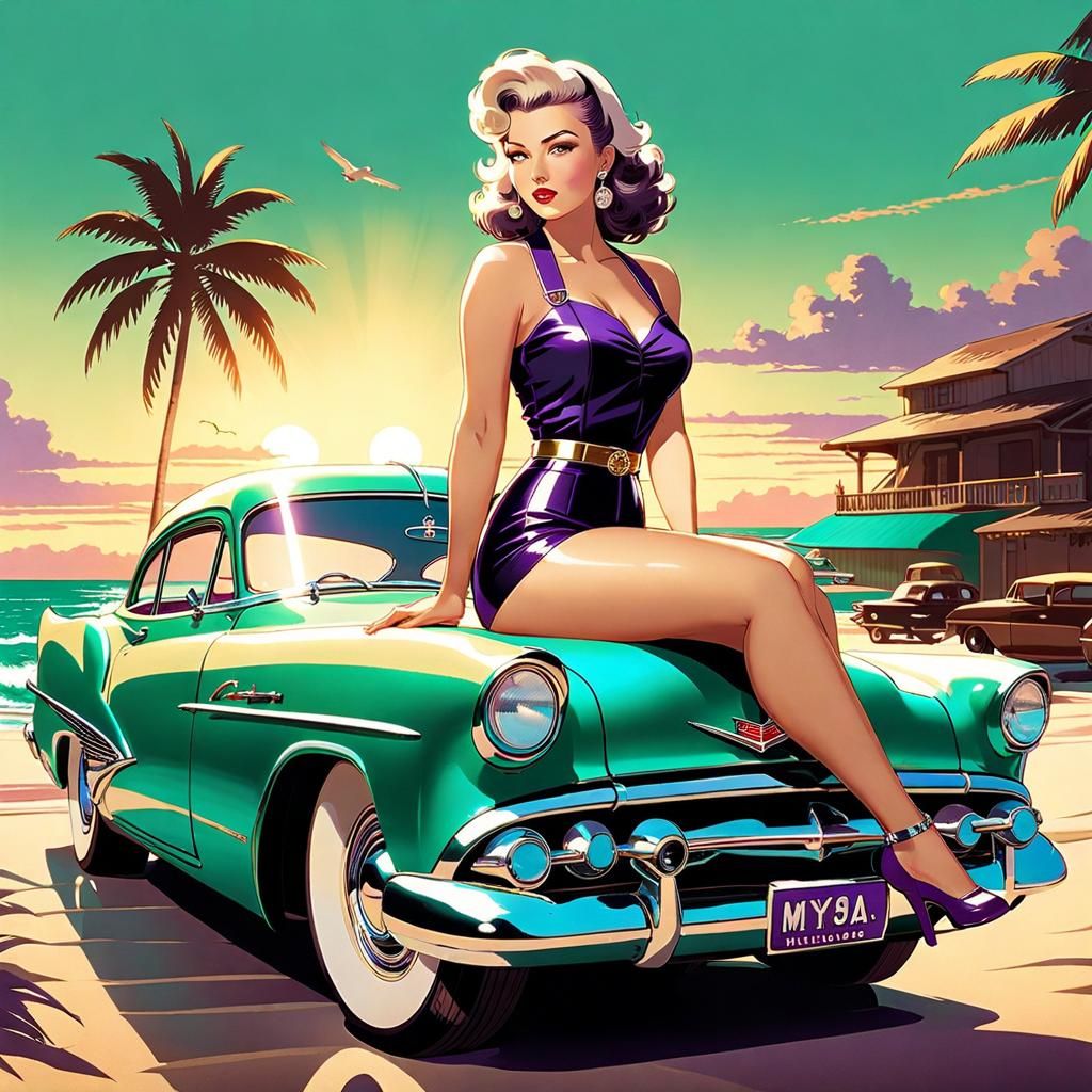 Retro 1950s Pin-Up Girl on Beach in Anime Style