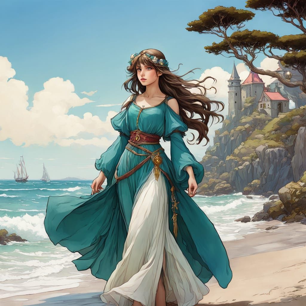 Medieval Girl Wizard on Seashore in Anime Style