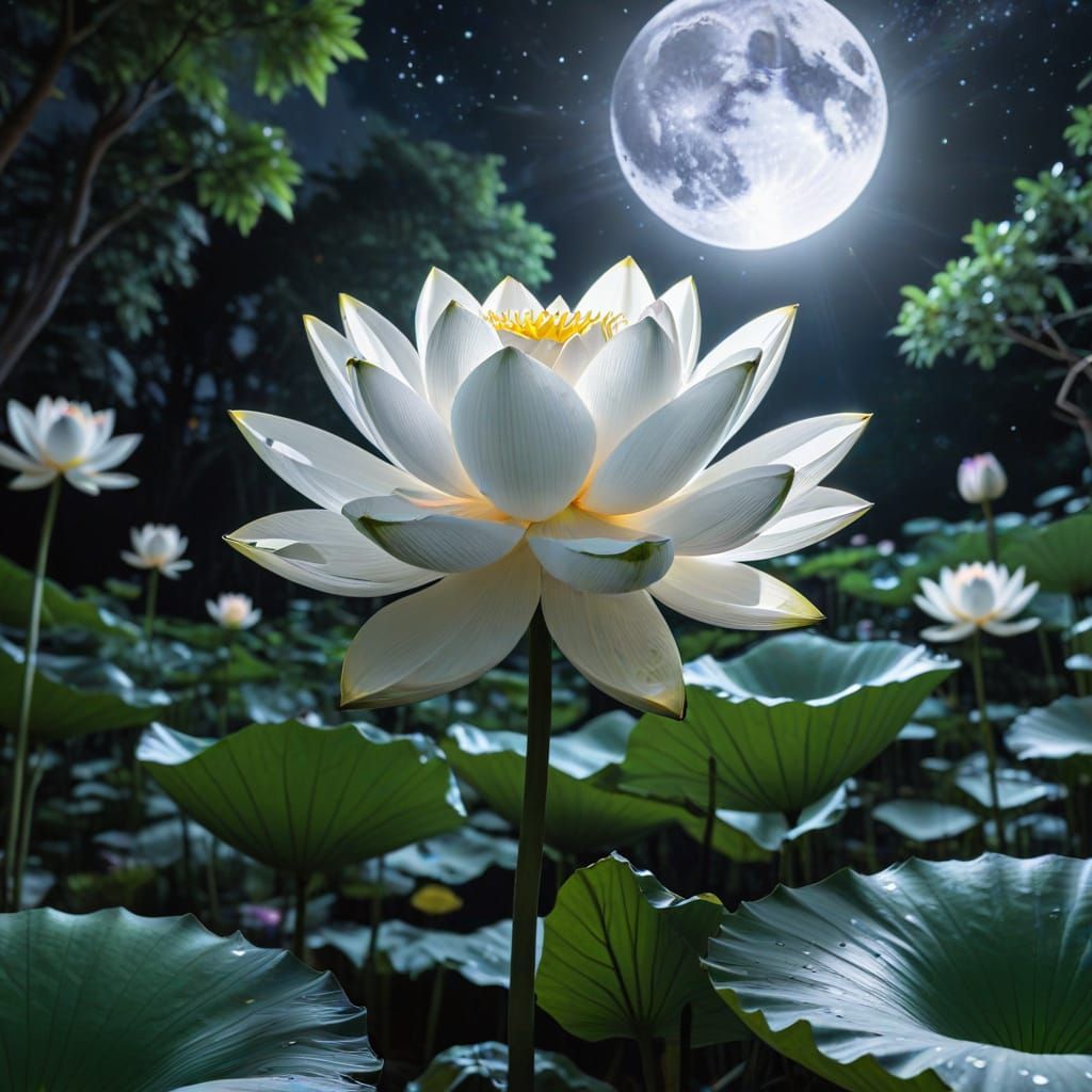 Glowing White Lotus in Cosmic Garden Under Moonlight