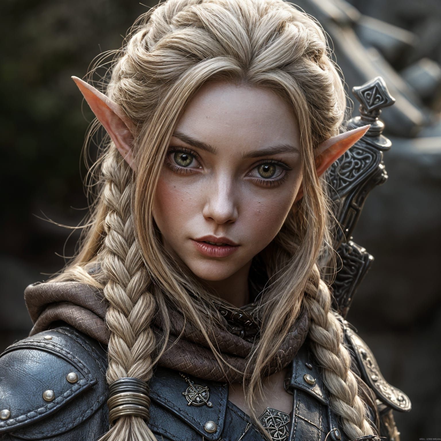 hyperdetailed photo, braided blonde haired medieval female warlock elf, wearing leather, rust amber accents, intricate d...