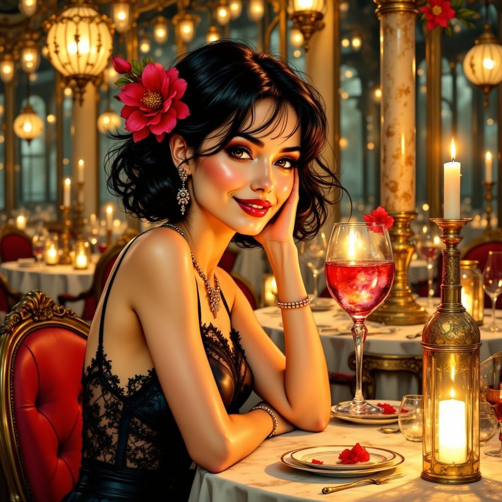 Elegant Woman Raises Glass in Whimsical, Art Nouveau-Inspire...