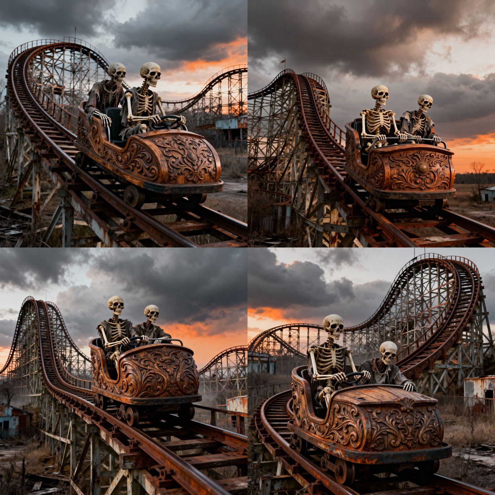 Two skeletal figures ride a wooden roller coaster car.