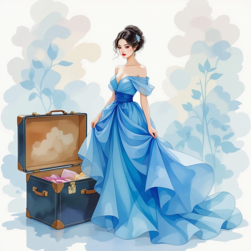 Woman in Blue Dress with Vintage Suitcase