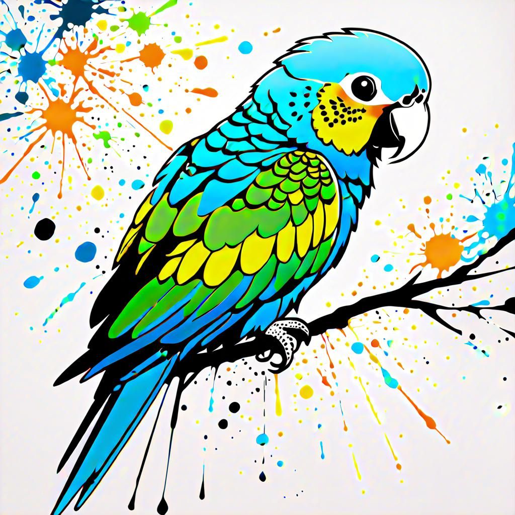Colorful Parakeet in Ink Splatter Art