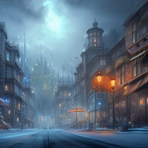 Snowy Steampunk City at Night with Lightning