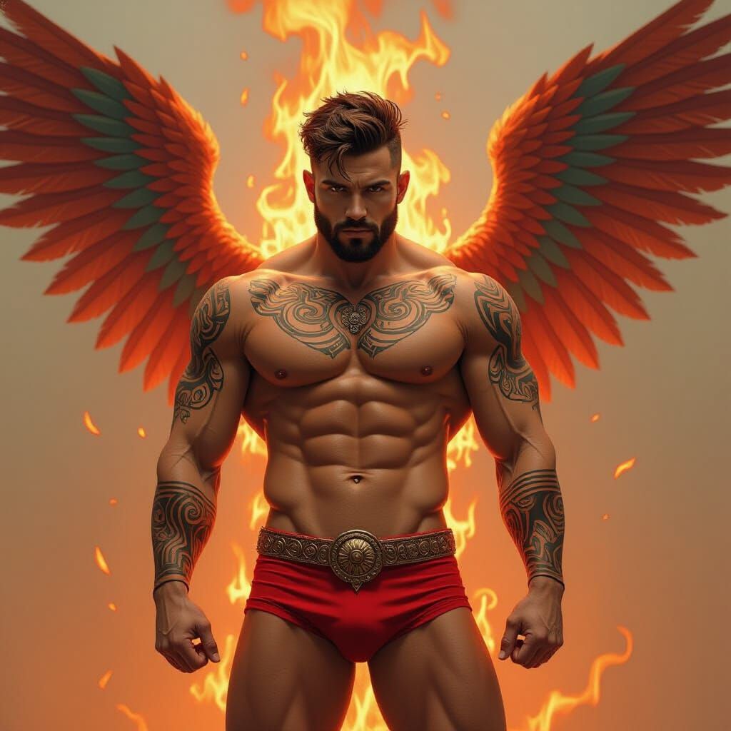 Fiery Winged Warrior with Tribal Tattoos