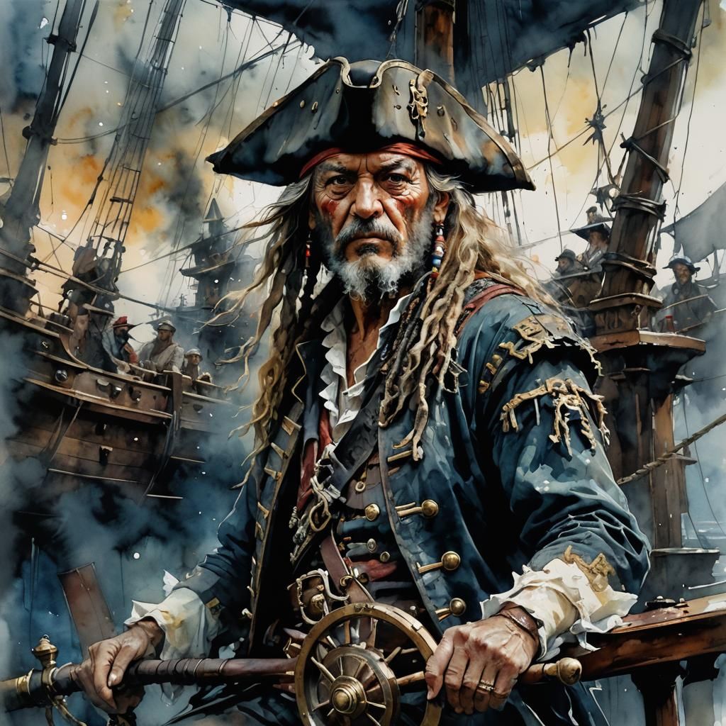Fearsome Pirate Captain Navigating Ship at Night