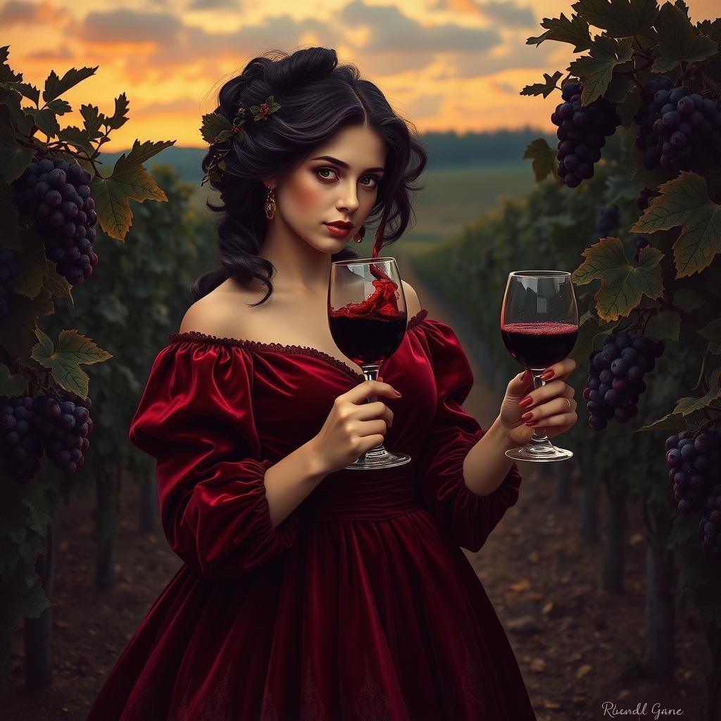 Crimson Wine Harvest Maiden, Monochromatic Folk Art