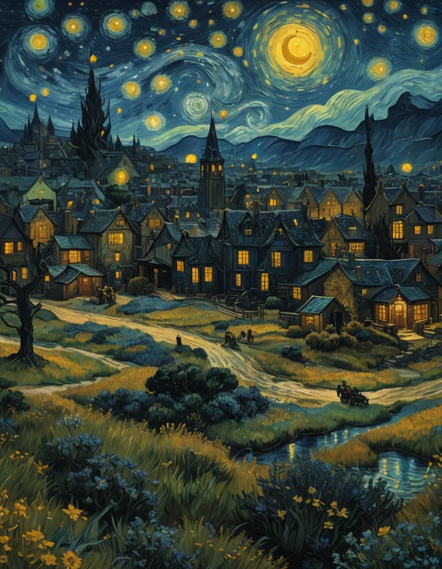 old master artist Van Gogh edits his work "Starry Night" on ...