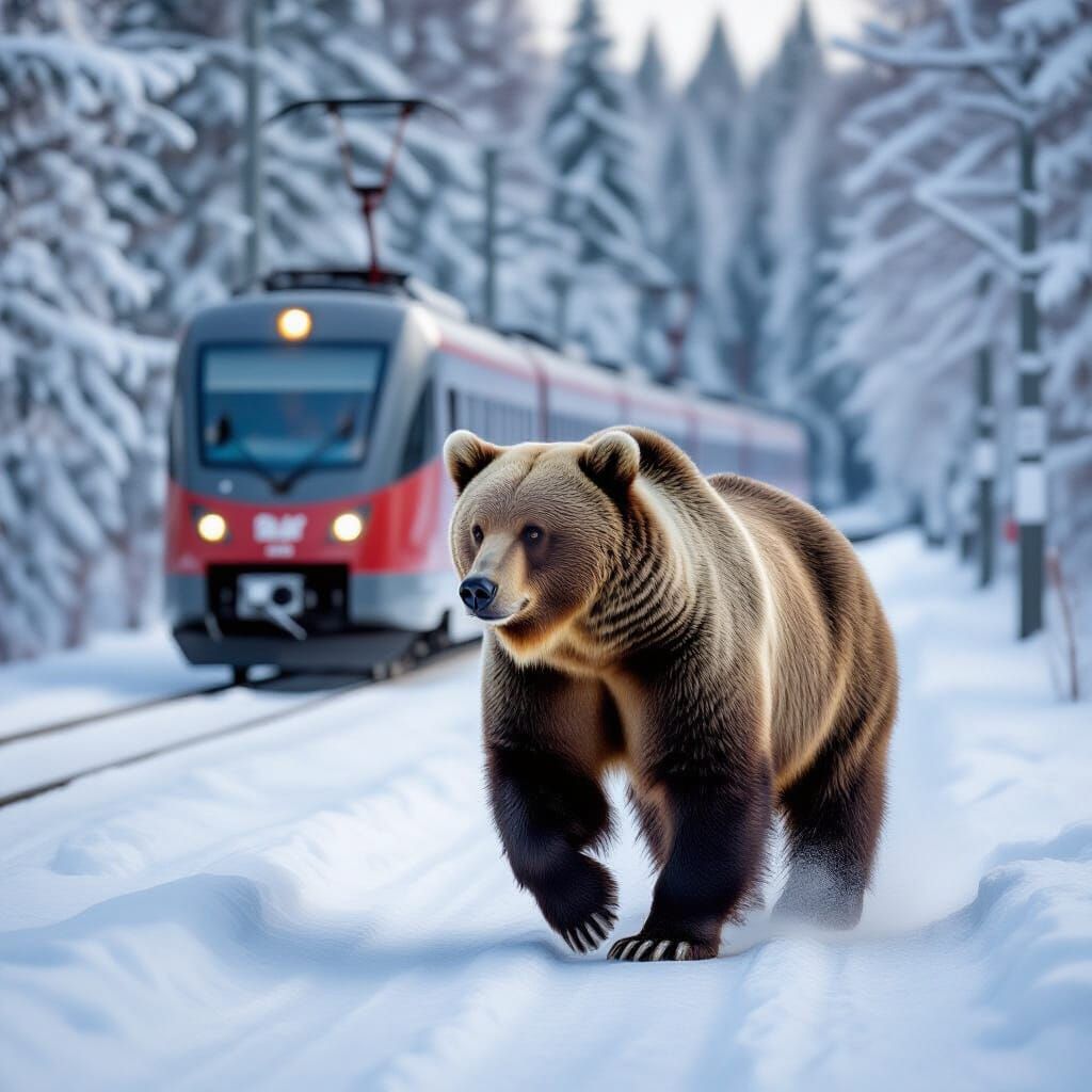 Ice Sloth Watches Train in Snowy Landscape