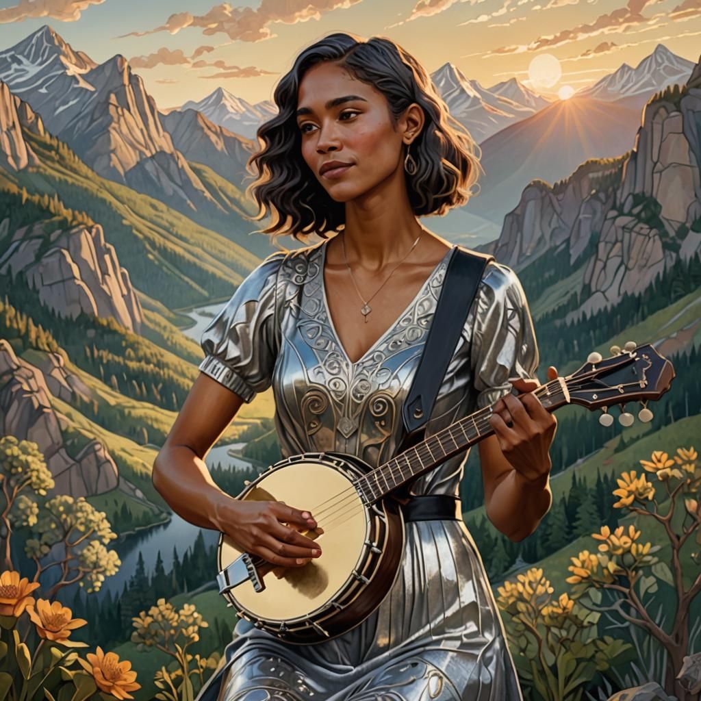 Woman Plays Banjo in Mountain Landscape: Digital Art