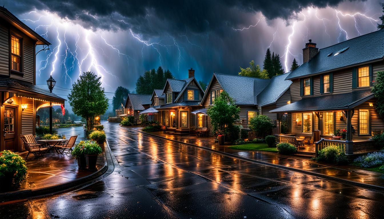 Hyperrealistic Lightning Storm over Small Town