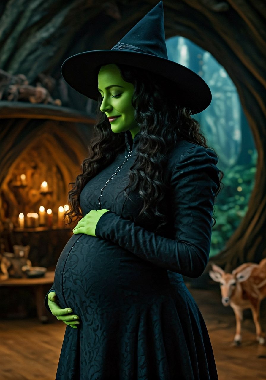 Pregnant Elphaba Smiling in Forest Cave