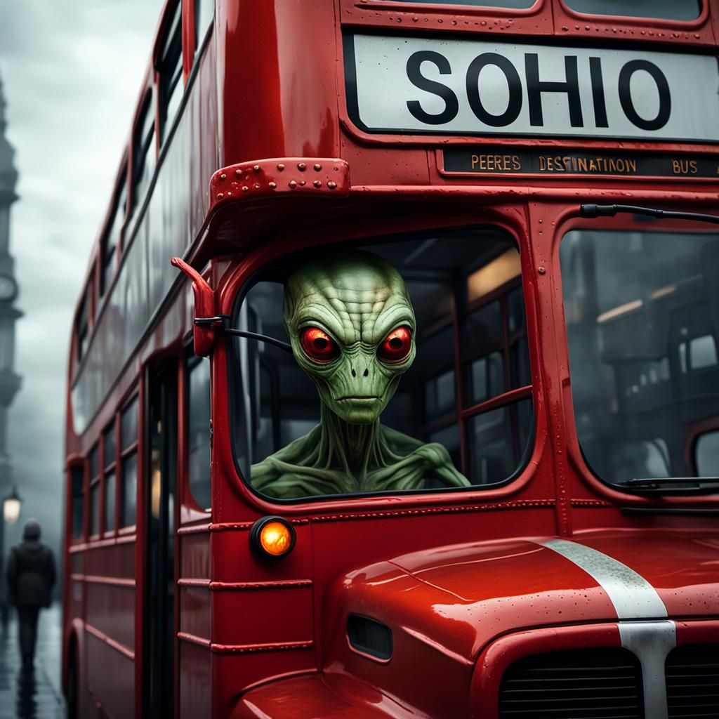 Alien on London Bus in Hyperrealistic Digital Art