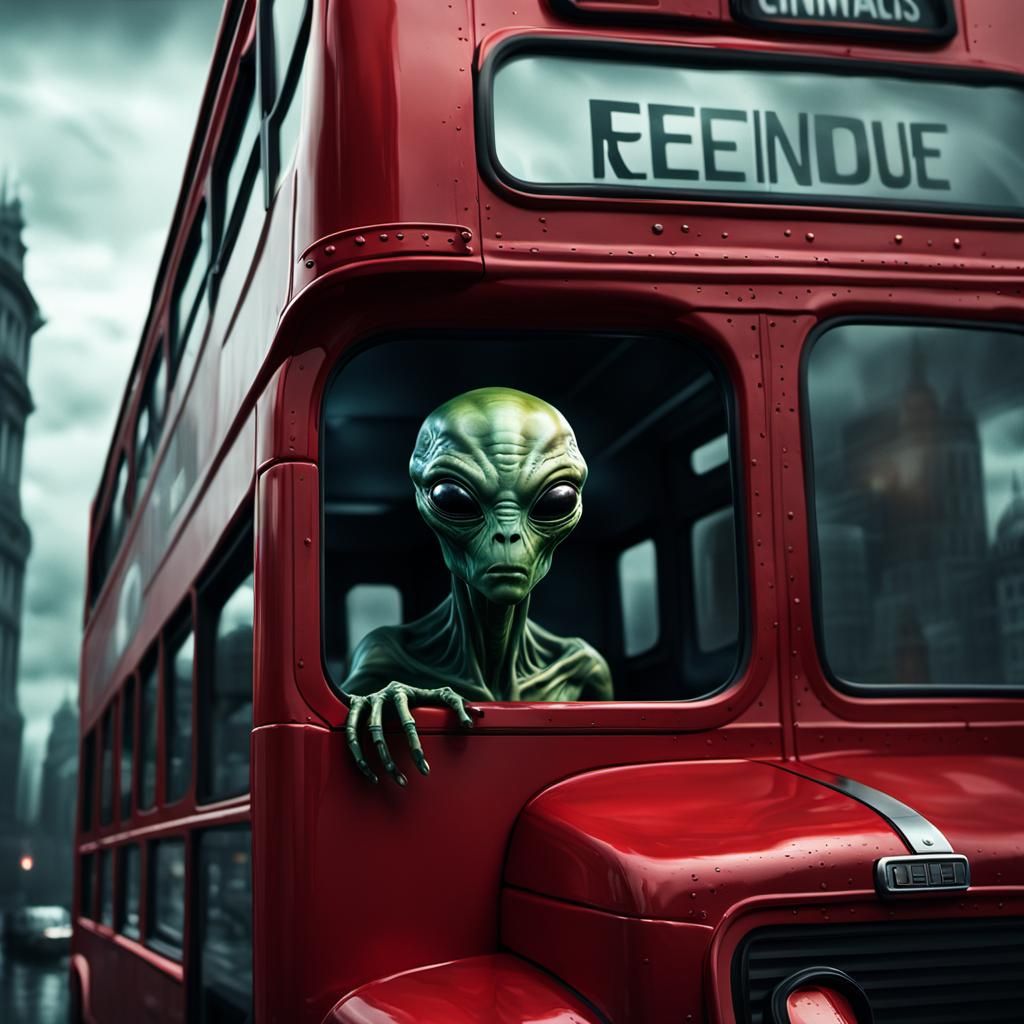 Alien on a Bus: Hyper-Realistic Concept Art